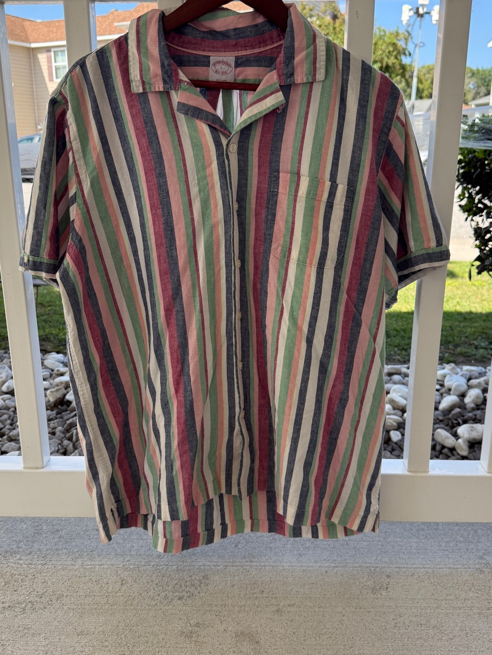 Brooks Brothers linen Multicolor Vertical Stripe Short-Sleeve Button-Down Shirt